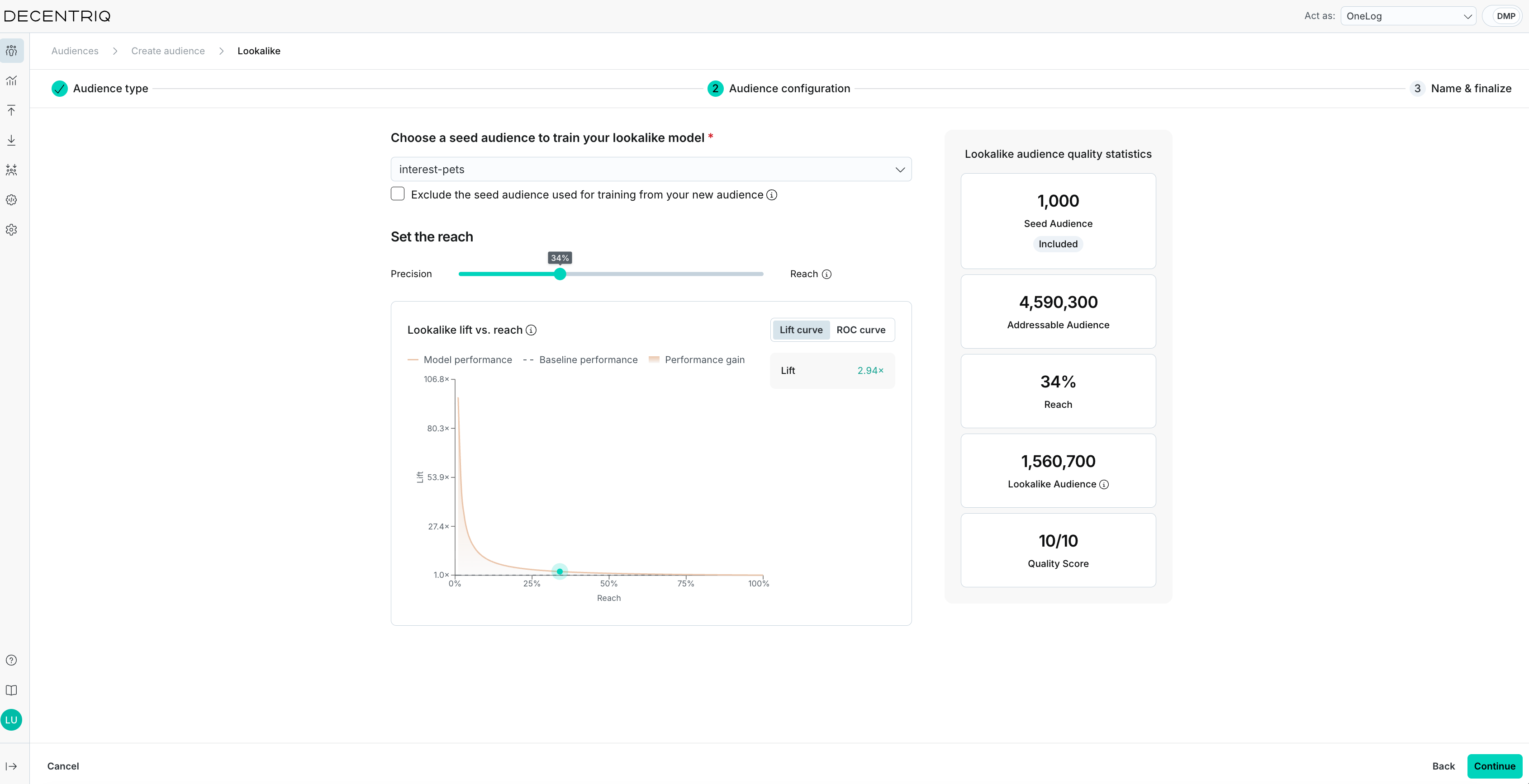 Reach slider with the lookalike lift curve and quality statistics
