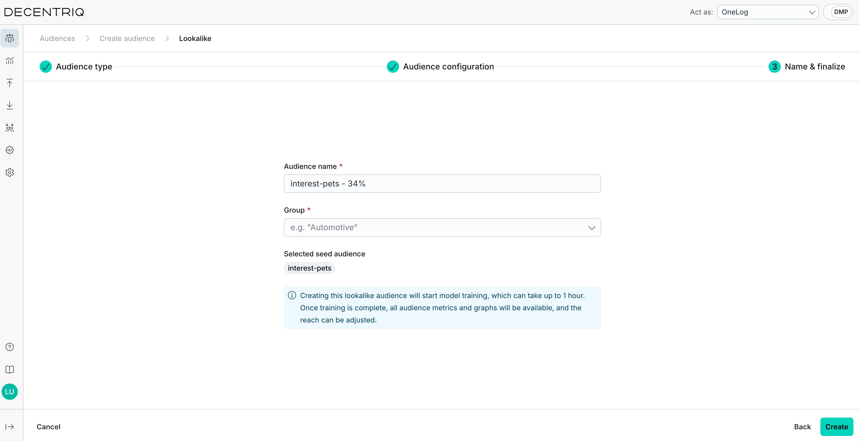 Name and finalize step with prefilled audience name
