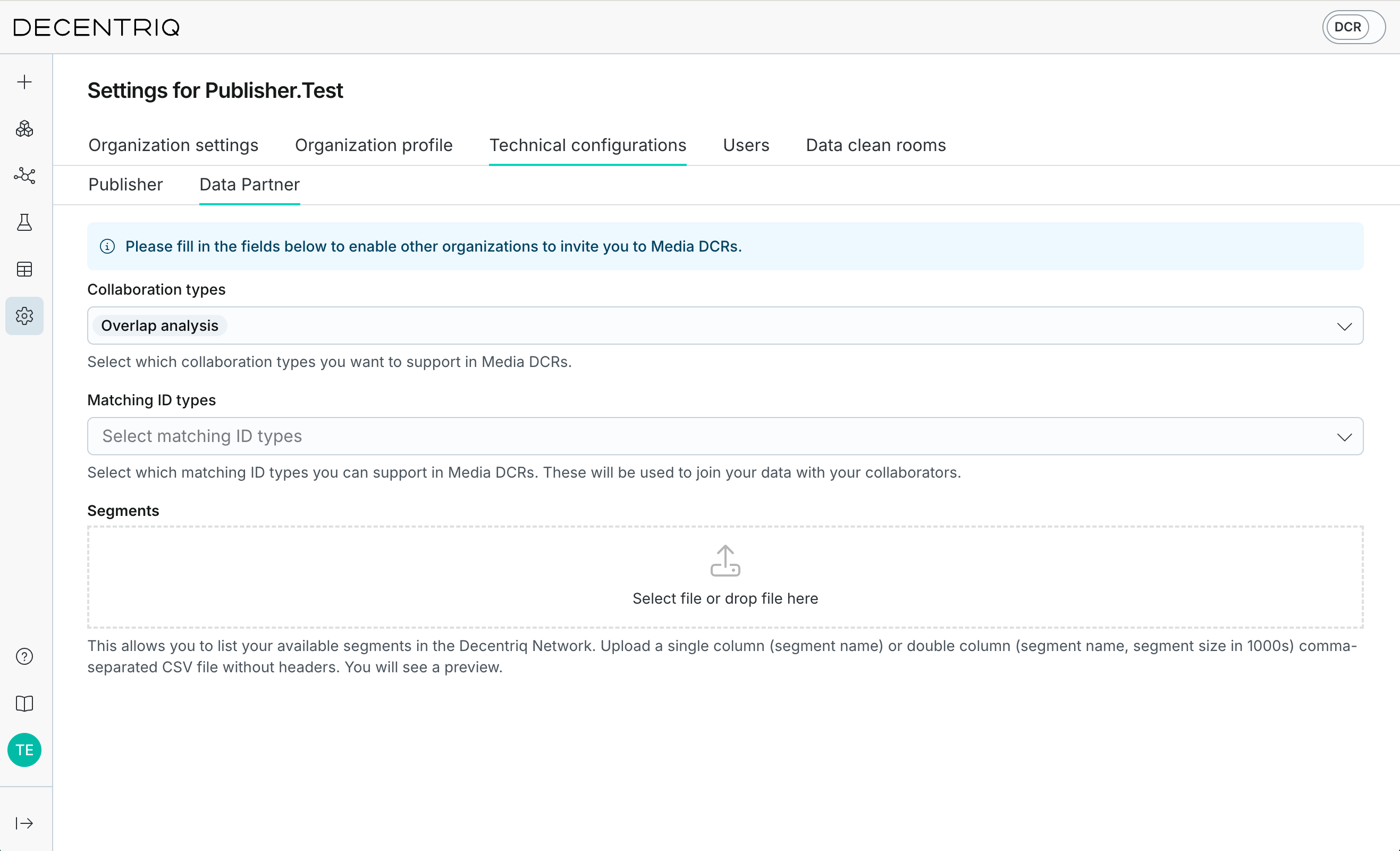 Data partner technical configuration in Settings
