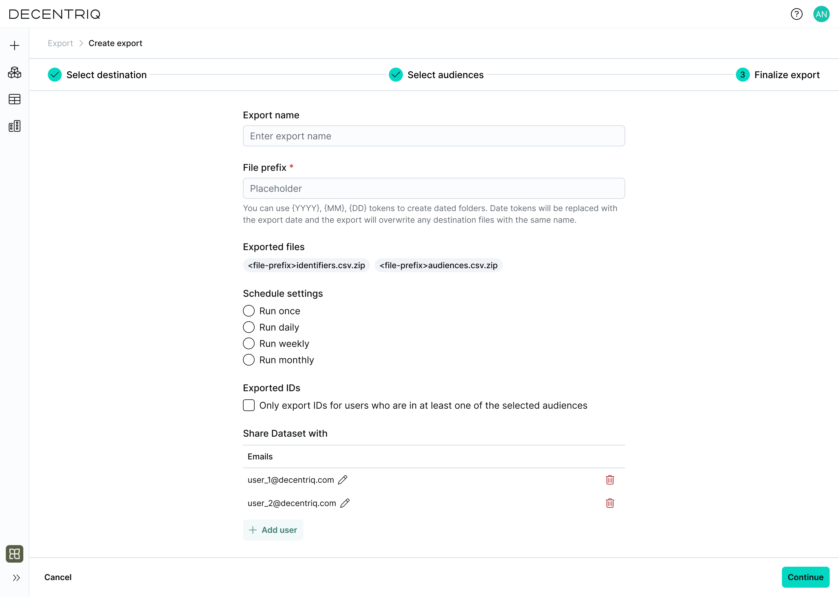 Export configuration