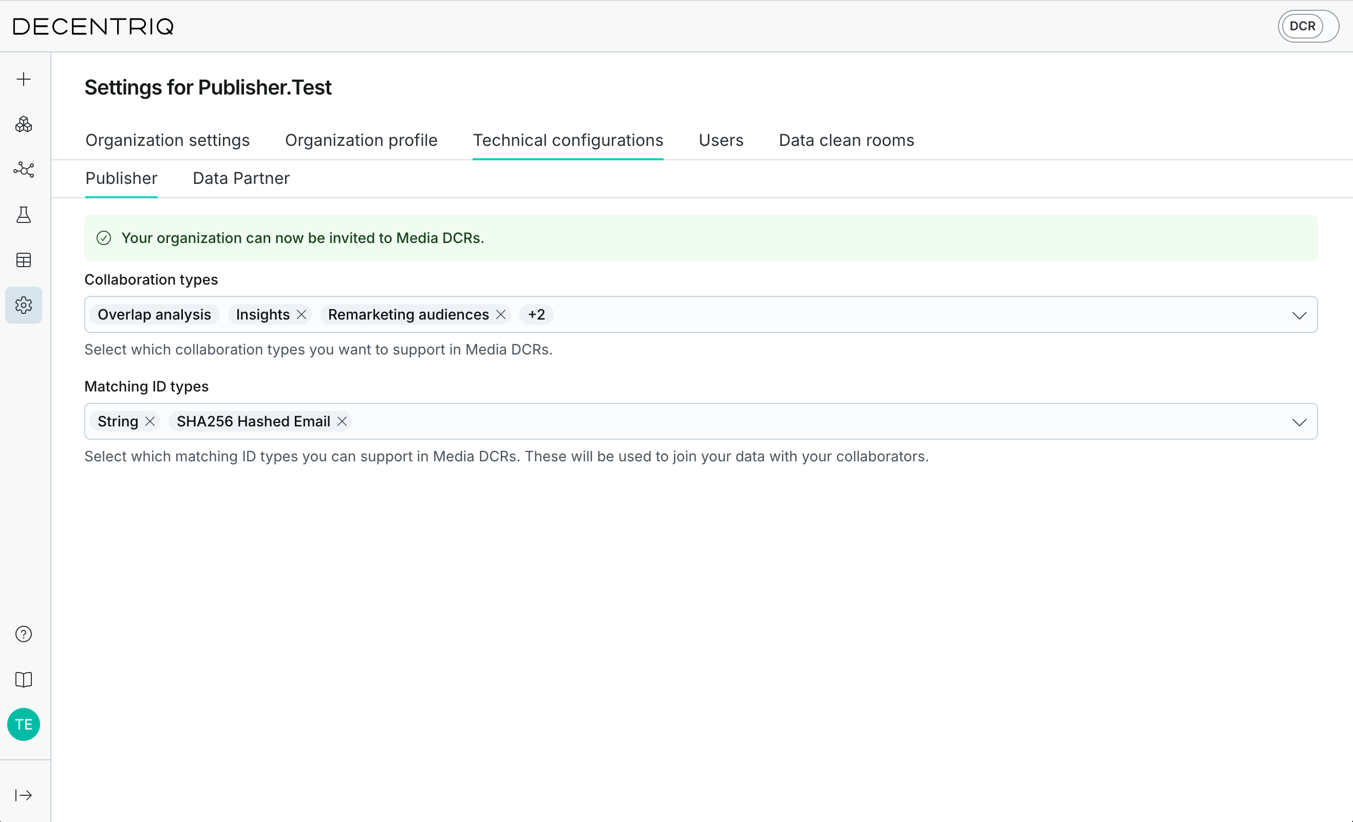 Publisher technical configuration in Settings